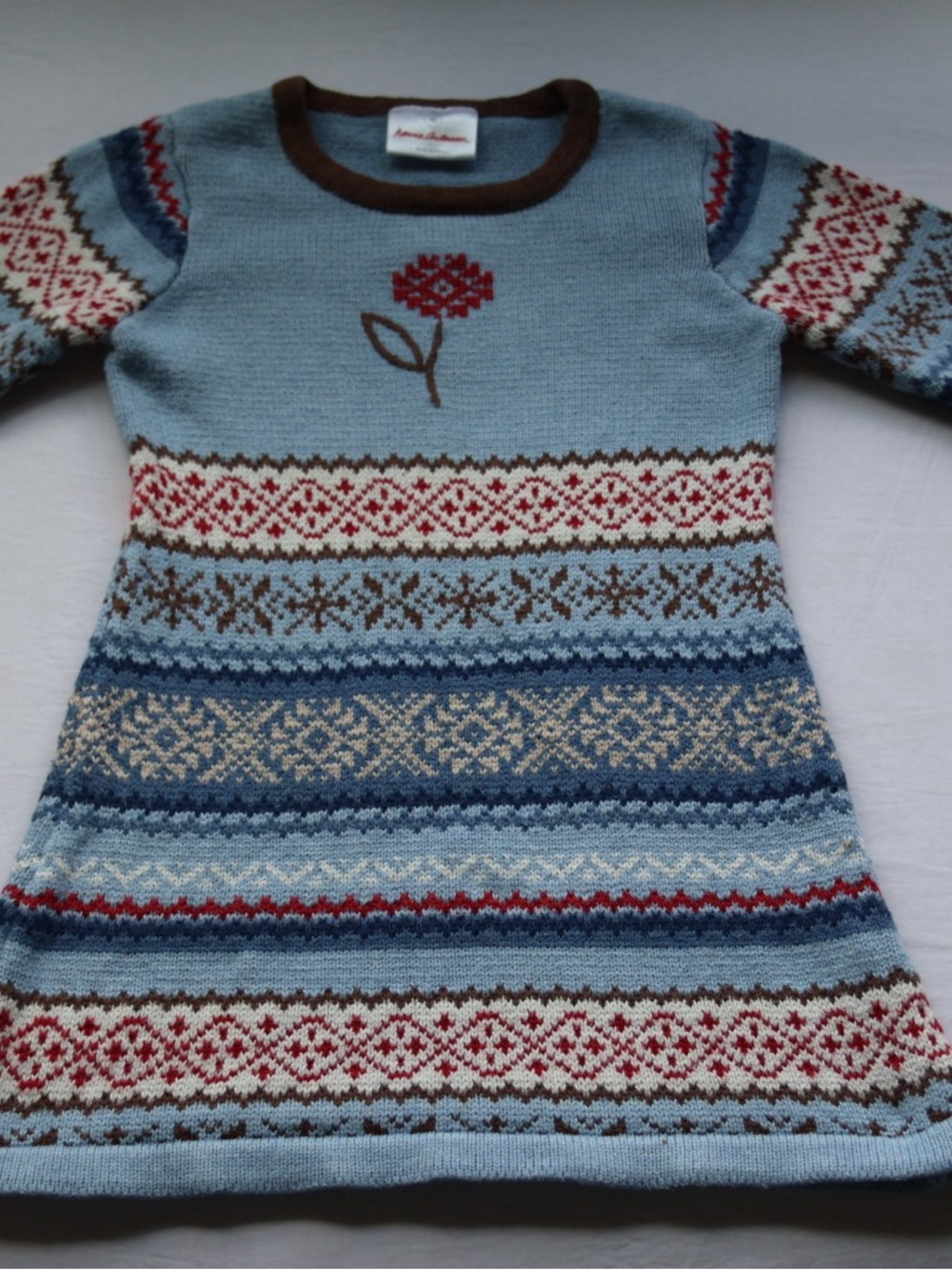 Girls' Light Blue Fair Isle Knit Dress with Red Floral Detail